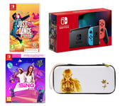 Nintendo Switch (Neon Red & Blue), Let's Sing 2025, 2 Microphones, Just Dance 2025 & Princess Zelda Case Bundle, Red,Blue