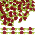 200-Pack Mini Ribbon Roses, Satin Ribbon with Green Leaves[Wine Red]