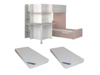 Lits superposés d'angle 2 x 90 x 190 cm - Avec bureau - Gris, blanc et rose + Matelas - SAMUEL