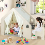 6-in-1 Kids Playhouse Wooden Play Tent w/ Blackboard Desk & Chair Storage Bin