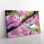 Big Box Art Bird in The Cherry Blossom Tree in Abstract Canvas Wall Art Print Ready to Hang Picture, 76 x 50 cm (30 x 20 Inch), Lavender, Grey, Brown, Olive, Green