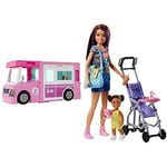 Barbie 3-In-1 Dream Camper Vehicle - Transforming RV Playset with Pool, Truck & Boat GHL93 & Babysitting Playset with Skipper Doll, Baby Doll, Bouncy Stroller and Themed Accessories, FJB00