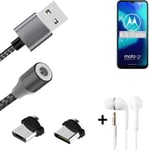 Magnetic charging cable + earphones for Motorola Moto G8 Power Lite + USB type C