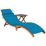 Transat chaise longue bain de soleil lit de jardin terrasse meuble d'extérieur avec table et coussin bois d'acacia