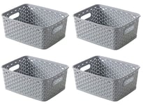 Curver Storage Basket Grey Small 8L Plastic Rattan Kitchen Study Office Set of 4